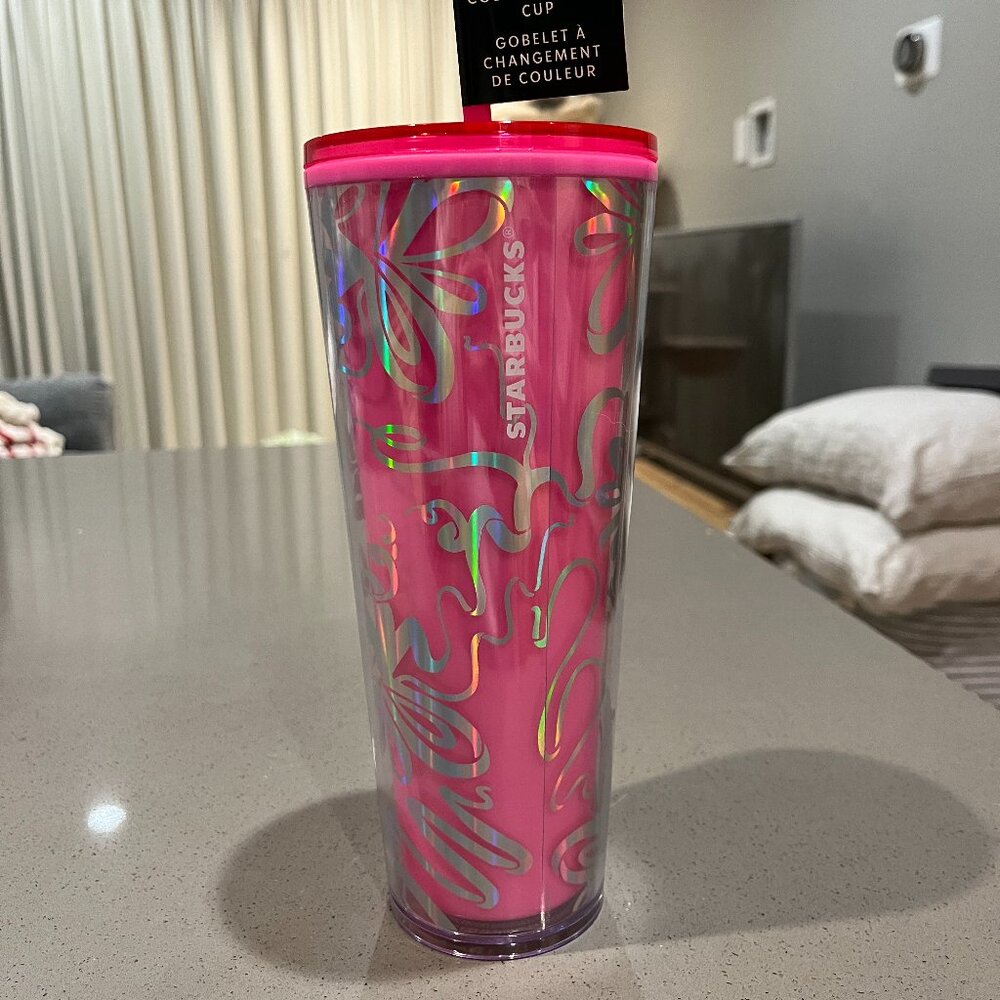 BNWT Starbucks Fuchsia Hot Pink Iridescent Color Changing Bows Confetti Tumbler